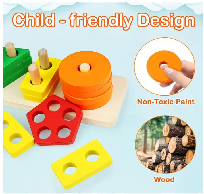 Atfaluna Wooden Shape Sorting Toy – Pentagonal Column